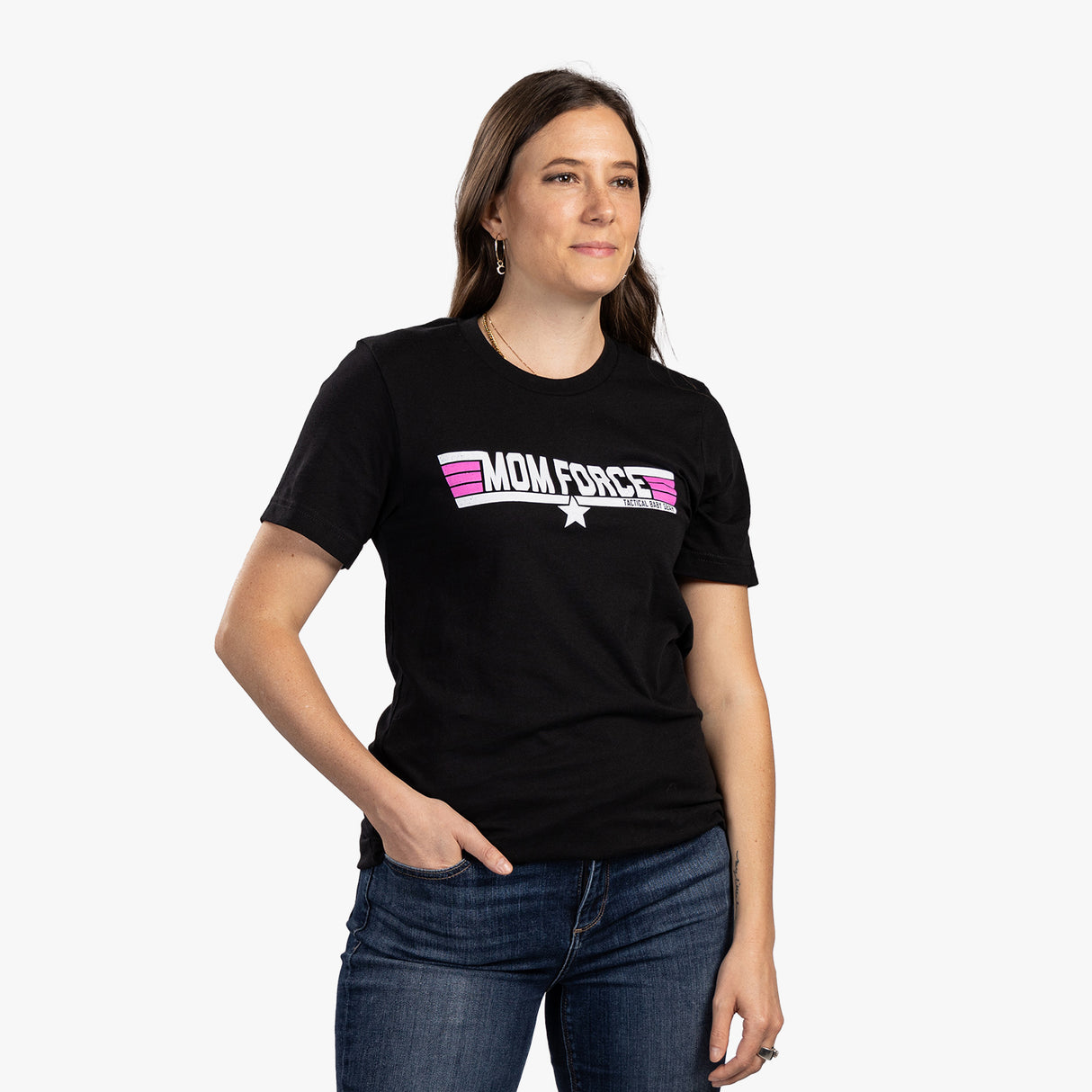 Front view of brunette woman wearing black Mom Force women's t-shirt.