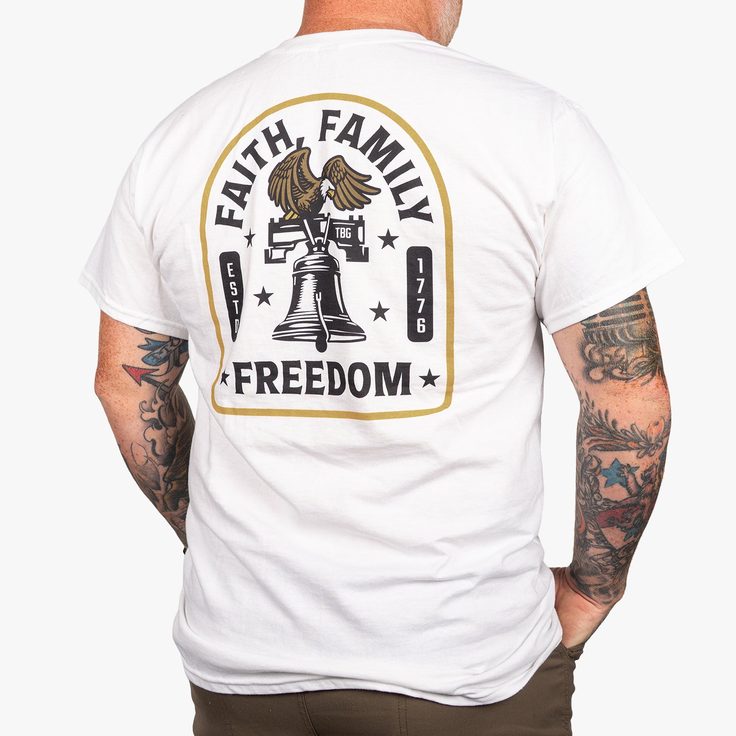 Faith Family Freedom T-Shirt | Liberty Bell | White | 100% Cotton