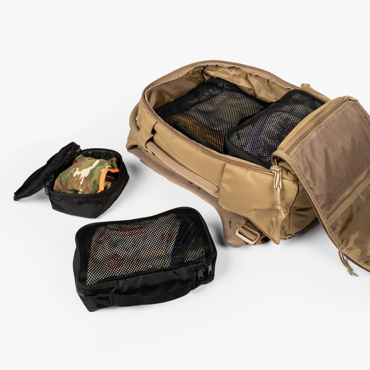 Tactical Packing Cubes Bundle in a backpack, featuring organized compartments for efficient storage and easy access.