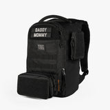 Rugged mini diaper bag with adjustable straps, featuring patches labeled "DADDY" and "MOMMY" and multiple storage compartments.