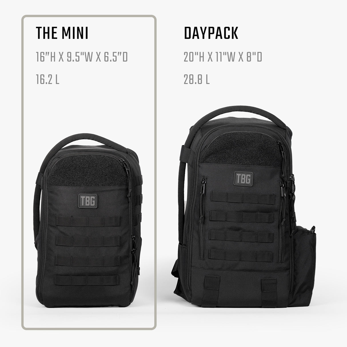 Compact Daypack Mini and larger Daypack side by side, showcasing dimensions and storage capacity for versatile use.
