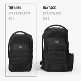 Compact Daypack Mini and larger Daypack side by side, showcasing dimensions and storage capacity for versatile use.