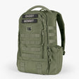Olive green tactical diaper bag with multiple compartments, adjustable straps, and patches labeled Daddy and Mommy.