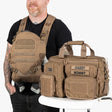 Tactical Baby Gear Deuce Diaper Bag and Baby Carrier bundle in tan, featuring multiple storage compartments and adjustable straps.