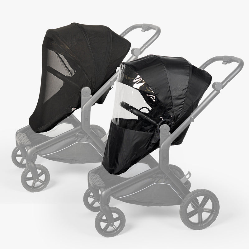S-1 Stroller Bug and Rain Bundle featuring a protective cover and mesh canopy for all-weather use.