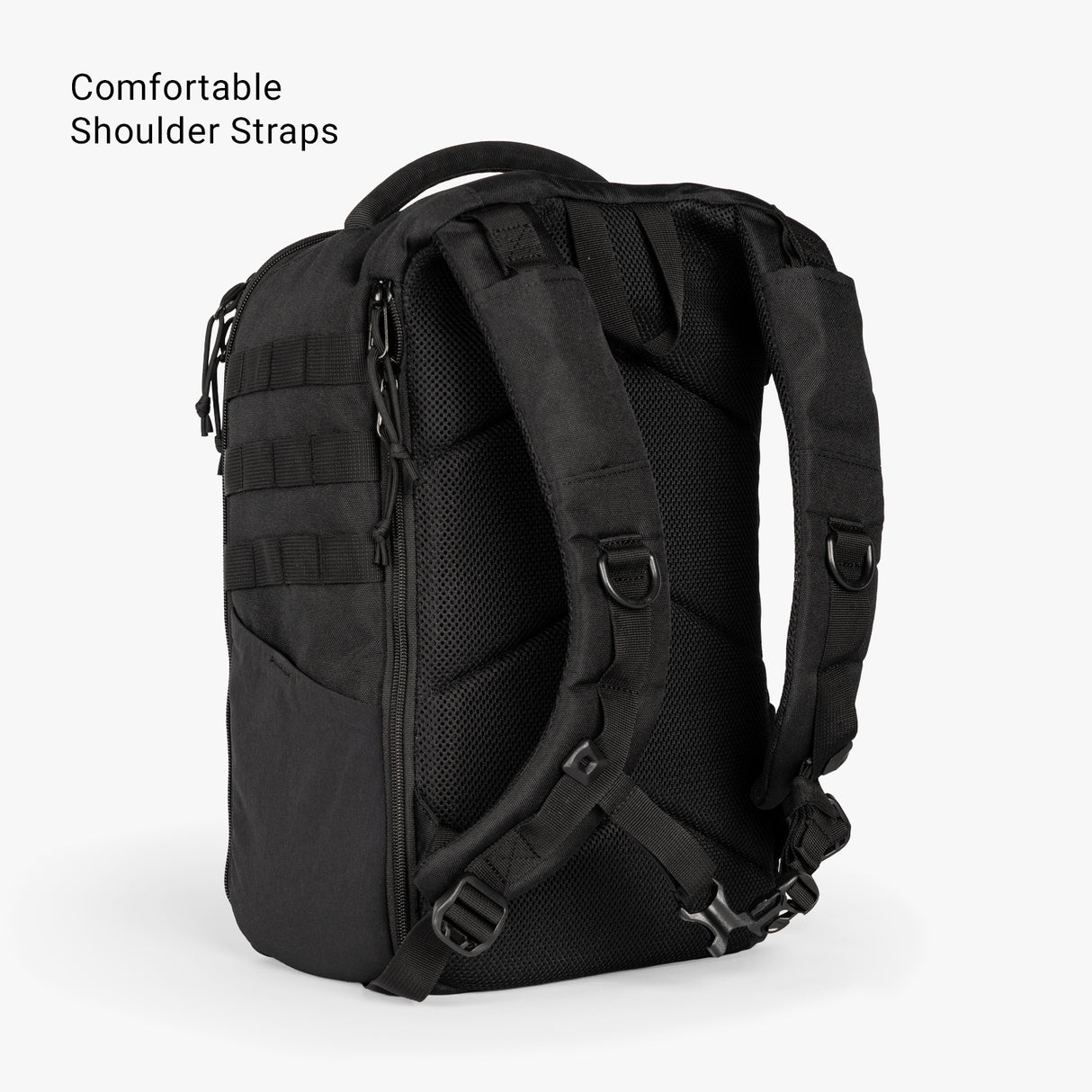 Black mini diaper bag backpack featuring padded, comfortable shoulder straps and a sleek, military-inspired design.