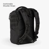 Black mini diaper bag backpack featuring padded, comfortable shoulder straps and a sleek, military-inspired design.