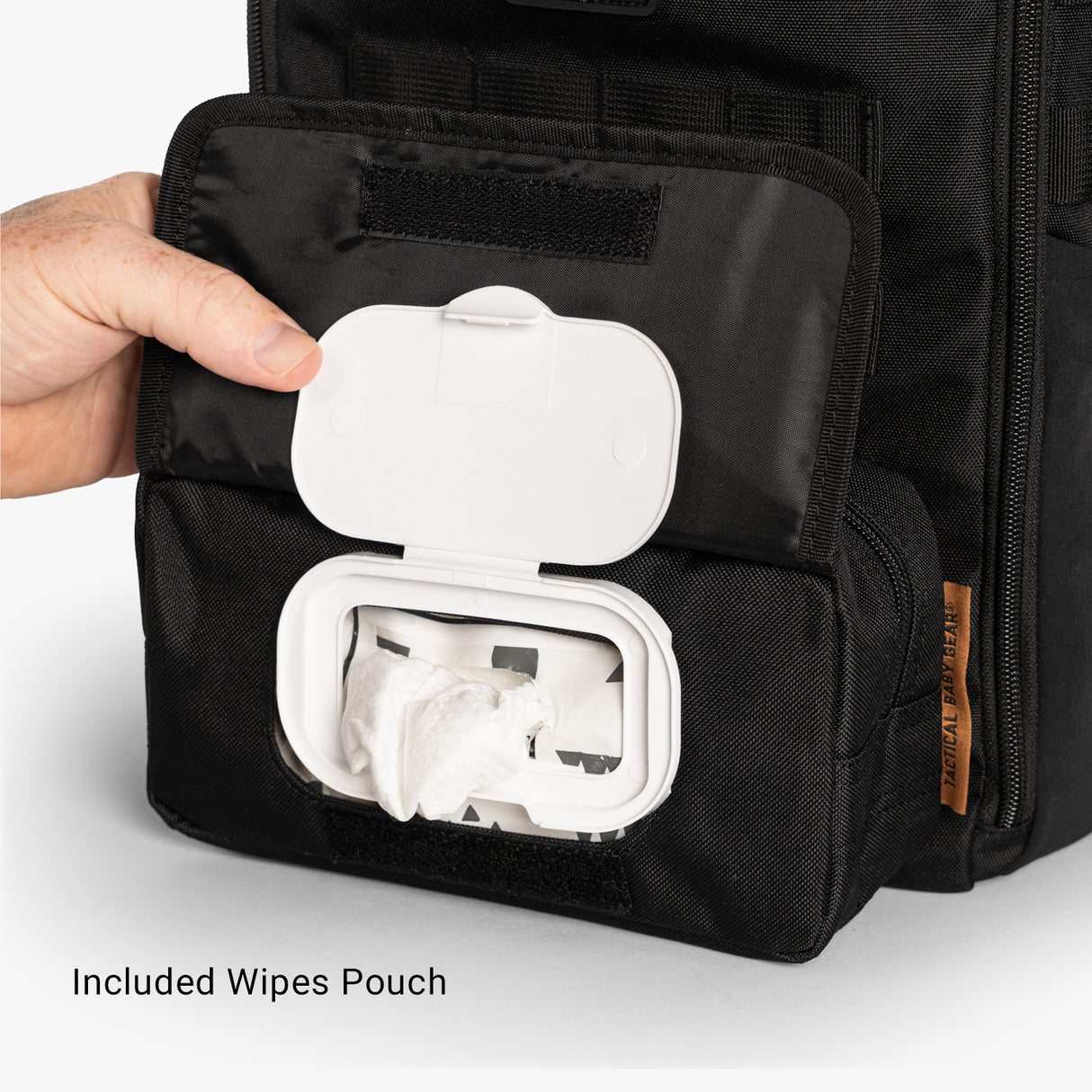 Mini diaper bag with a wipes pouch, showcasing easy access to wipes for convenient diaper changes on the go.