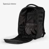 Spacious interior of a black mini diaper bag, featuring multiple pockets and compartments for organized storage.