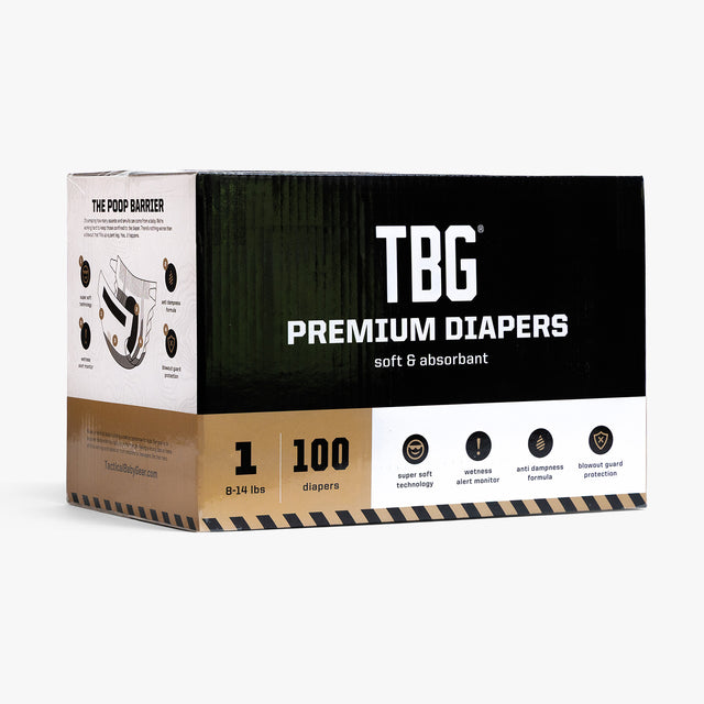 Box of Tactical Baby Gear Premium Diapers, 100 count, designed for superior softness and absorbency for infants.