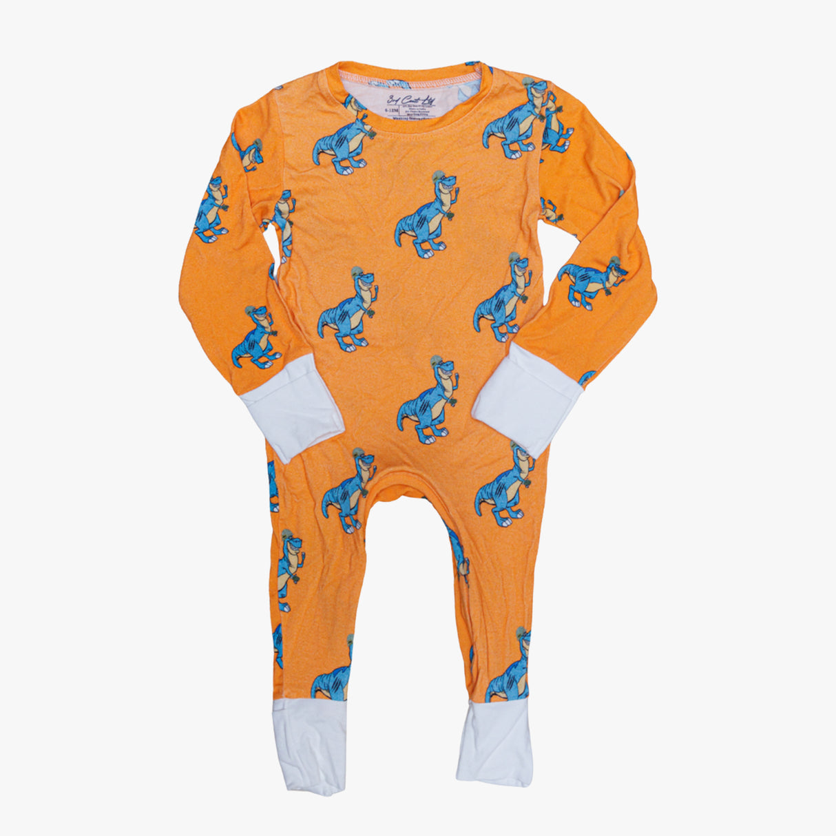 Orange infant zippie pajamas featuring playful dinosaur prints, designed for comfort and easy dressing.