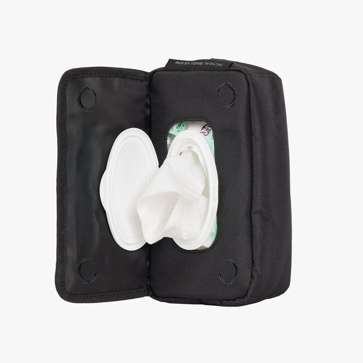Durable Tactical Wipe Pouch® with an open lid showing wipes inside, designed for easy access and rugged use.