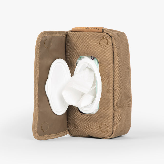 Tactical Wipe Pouch® in tan fabric, featuring a front opening for easy access to wipes inside.