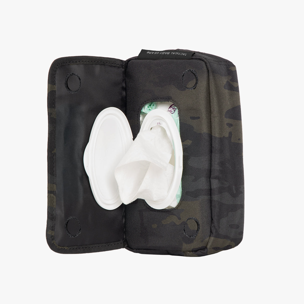 Tactical Wipe Pouch® in camouflage pattern, featuring an open lid with wipes partially pulled out for easy access.