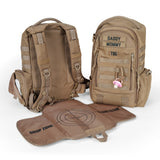 Tactical baby gear daypack front and back. shows the open built in changing mat on the back of the diaper bag