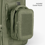Rugged green cooler pouch attached to a tactical backpack, designed for modern dads on the go.