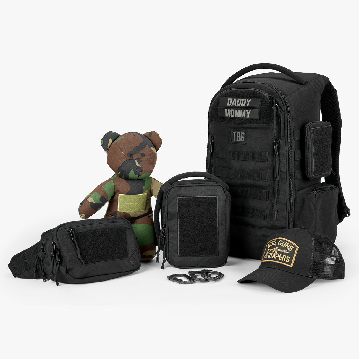 Tactical Baby Gear Father's Day Loadout featuring a black backpack, pouches, a camo bear, and a cap.