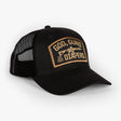 Black trucker hat featuring the phrase "God, Guns and Diapers" with a graphic of a firearm, designed for rugged parenting.