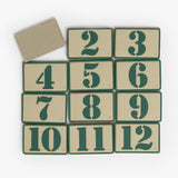 Tactical Teddy® number patch set featuring twelve durable patches with bold green numbers on a tan background.