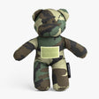 Camo-patterned teddy bear designed for kids, featuring a military-inspired look and a Velcro patch for personalization.