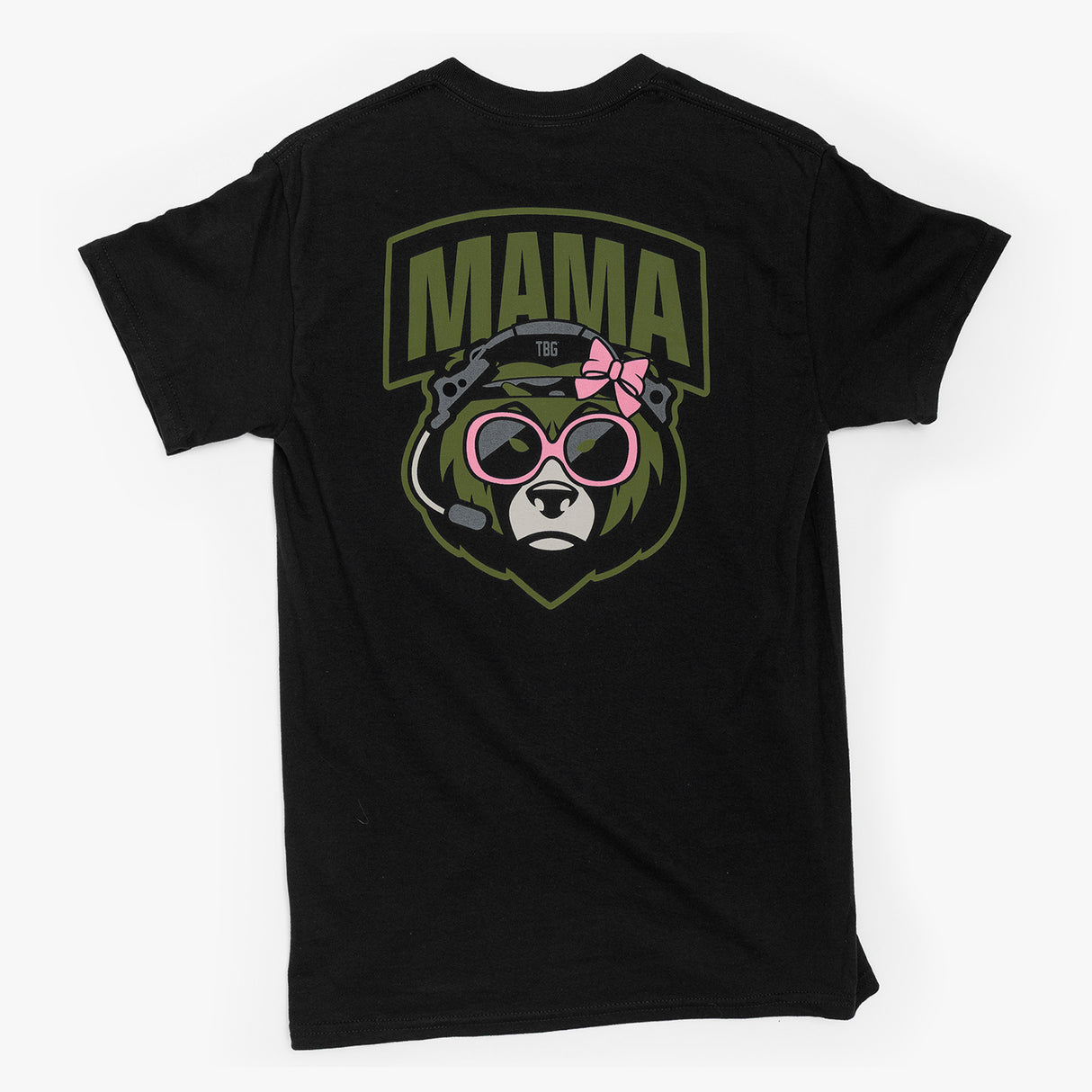 OD green Mama Bear T-shirt featuring a playful bear wearing sunglasses and a bow, with bold "MAMA" text.