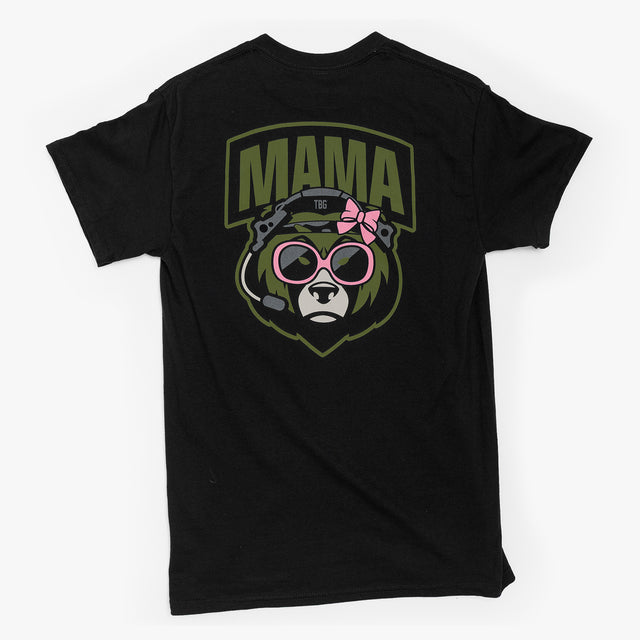 OD green Mama Bear T-shirt featuring a playful bear wearing sunglasses and a bow, with bold "MAMA" text.