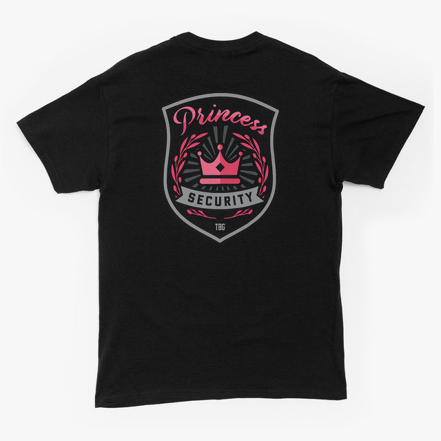 Black t-shirt featuring a pink "Princess Security" graphic with a crown and shield design on the back.