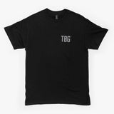 Black t-shirt featuring a subtle gray "TBG" logo on the front, designed for modern parents.