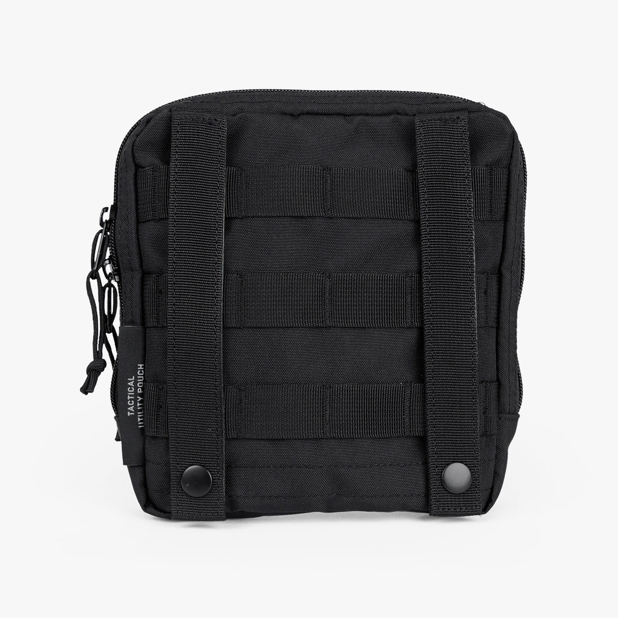 Rugged black tactical utility pouch featuring MOLLE webbing and secure snap closures for versatile storage.
