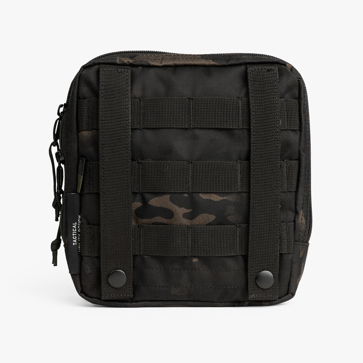 Rugged black tactical utility pouch with MOLLE webbing, designed for versatile storage and organization.