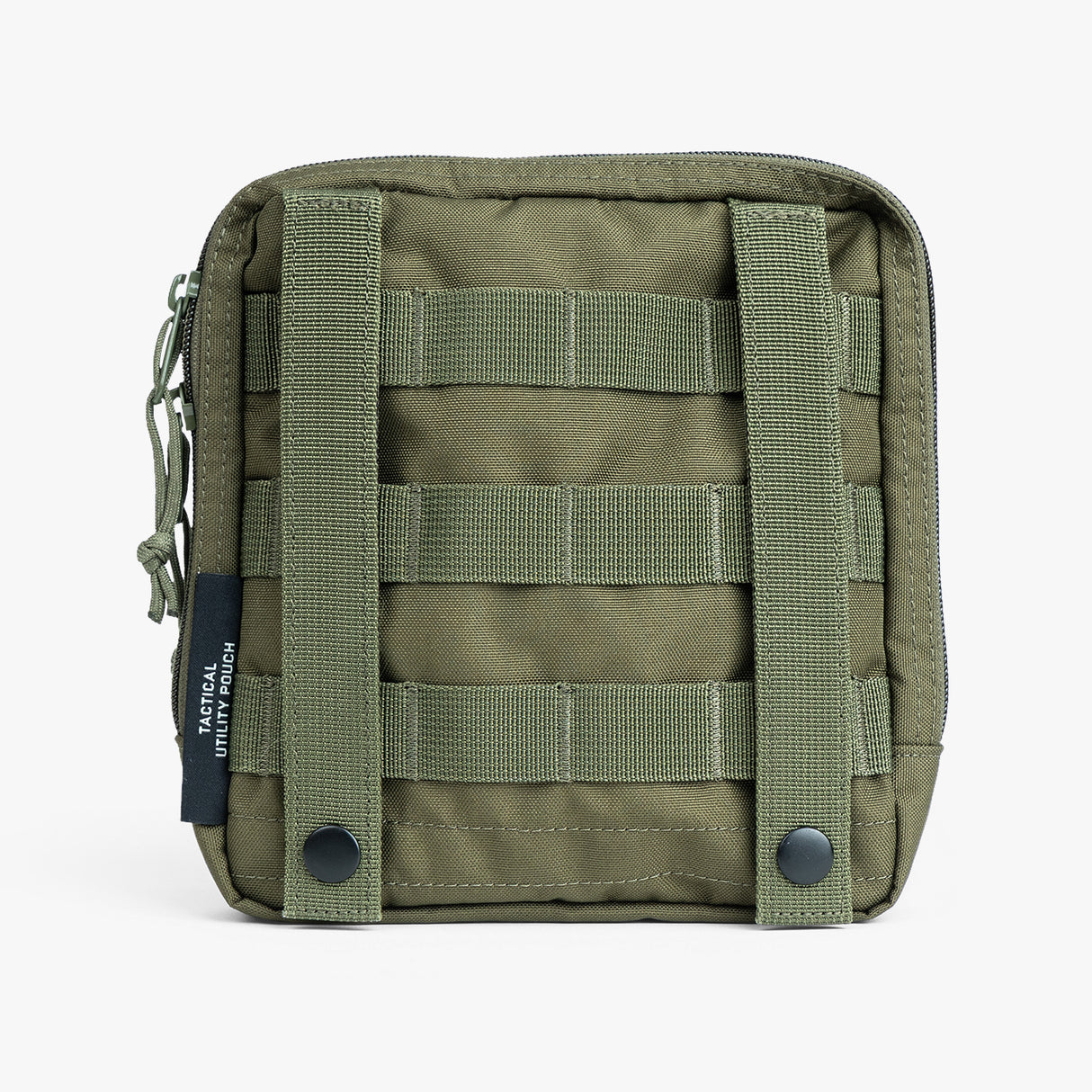 Rugged tactical utility pouch in olive green with MOLLE webbing and zip closure for versatile storage solutions.