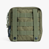 Rugged tactical utility pouch in olive green with MOLLE webbing and zip closure for versatile storage solutions.
