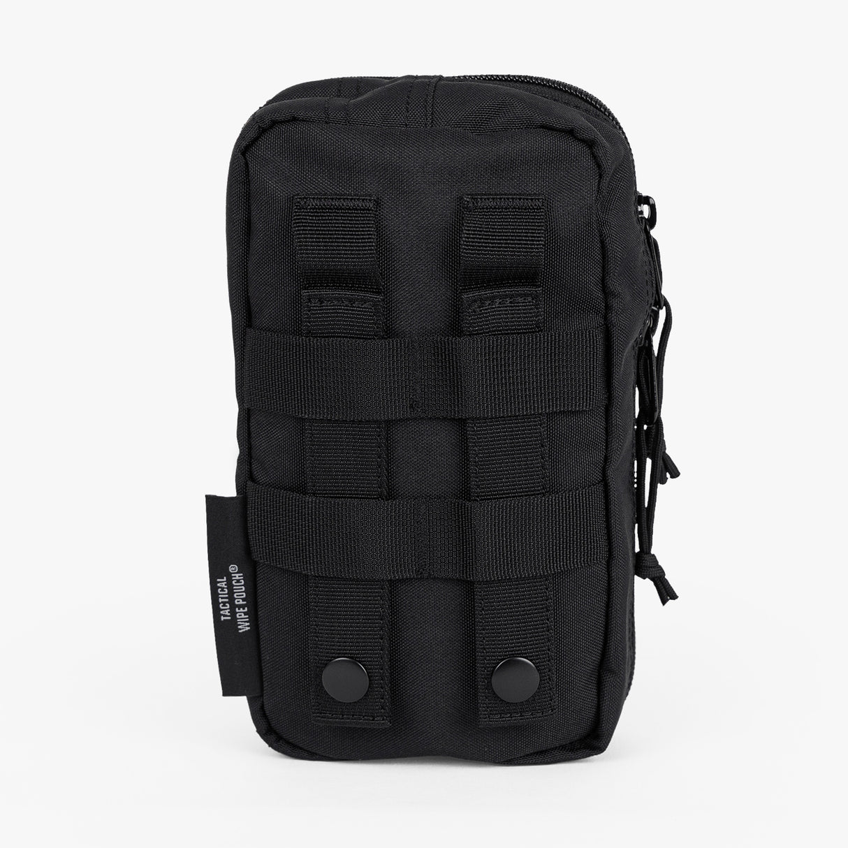 Rugged black Tactical Wipe Pouch with MOLLE webbing for secure attachment, designed for modern parenting needs.