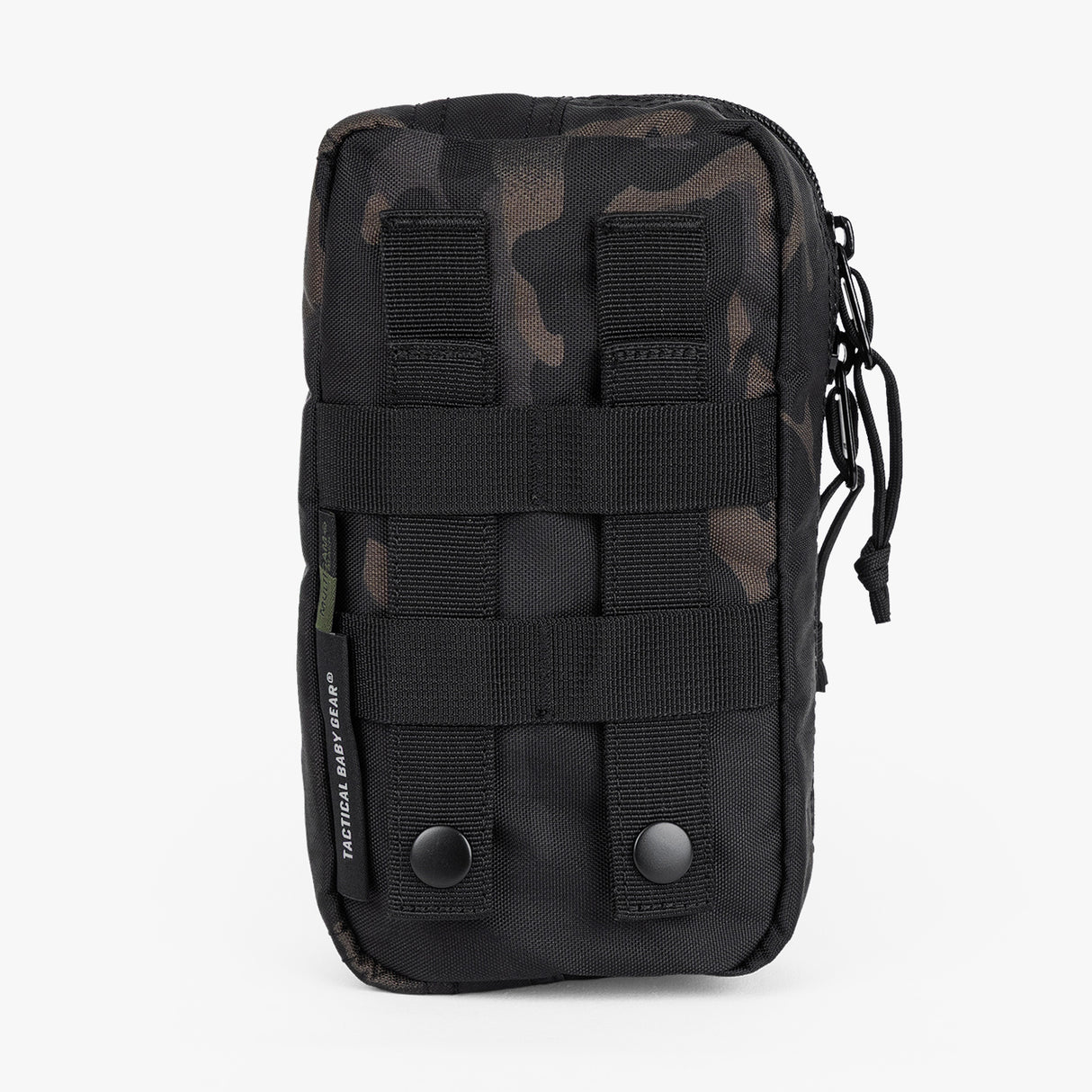 Rugged Tactical Wipe Pouch® in camouflage design, featuring MOLLE straps and secure zip closure for easy access.