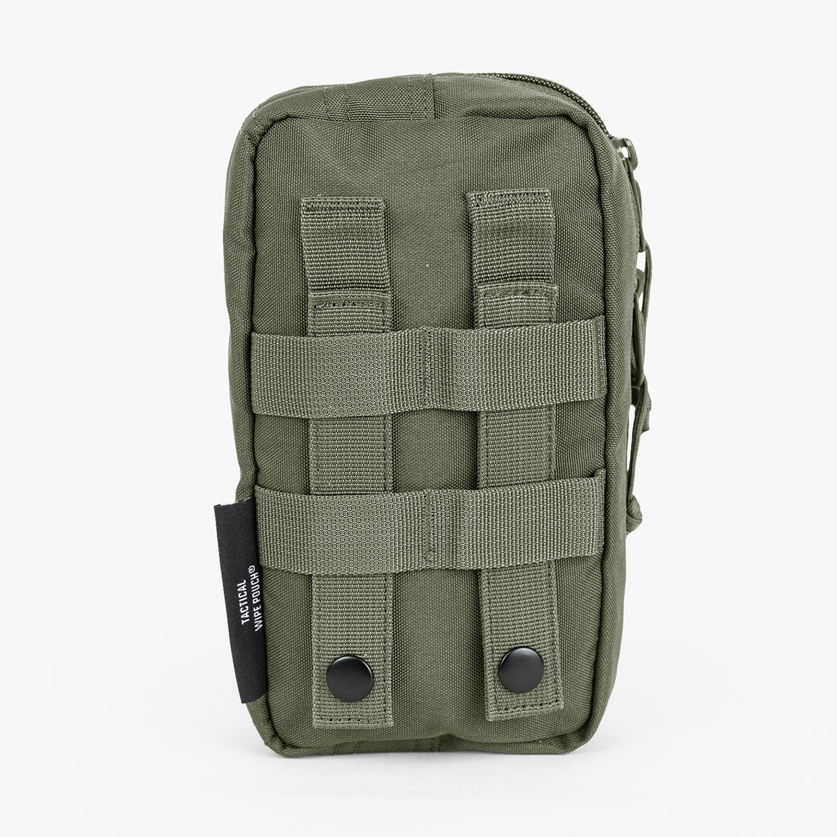 Rugged Tactical Wipe Pouch® in olive green, featuring MOLLE webbing and a secure zip closure for easy access.