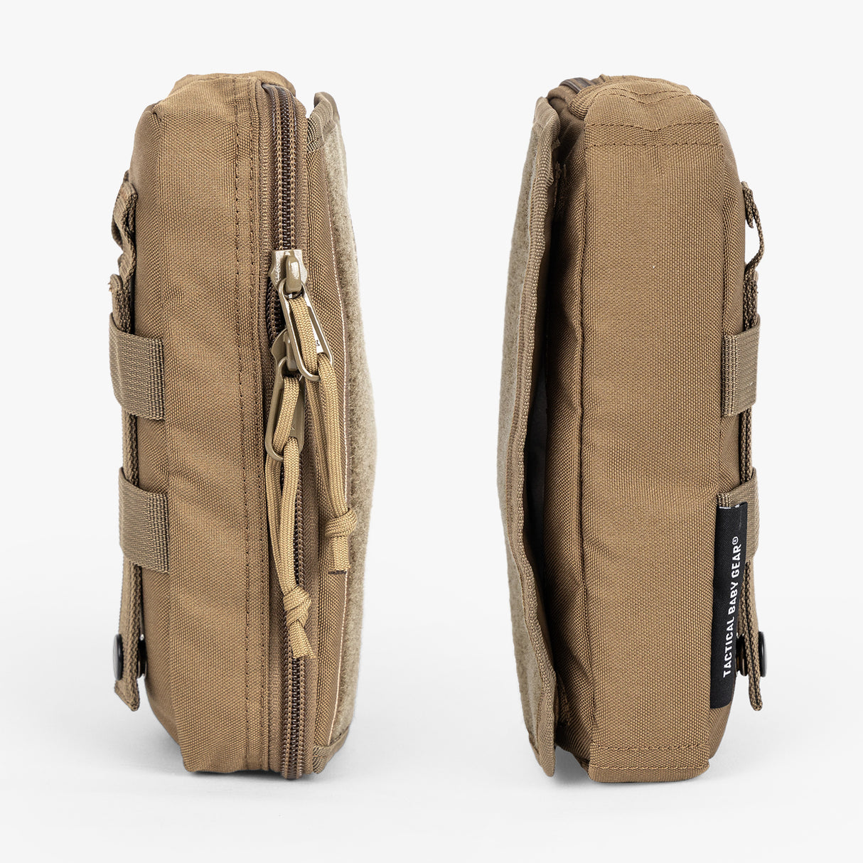 Rugged Tactical Wipe Pouch® in tan, featuring a durable design with zippers and attachment straps for easy access.
