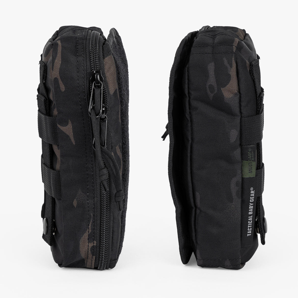 Rugged Tactical Wipe Pouch® in black camo, featuring durable zippers and straps for easy attachment and access.