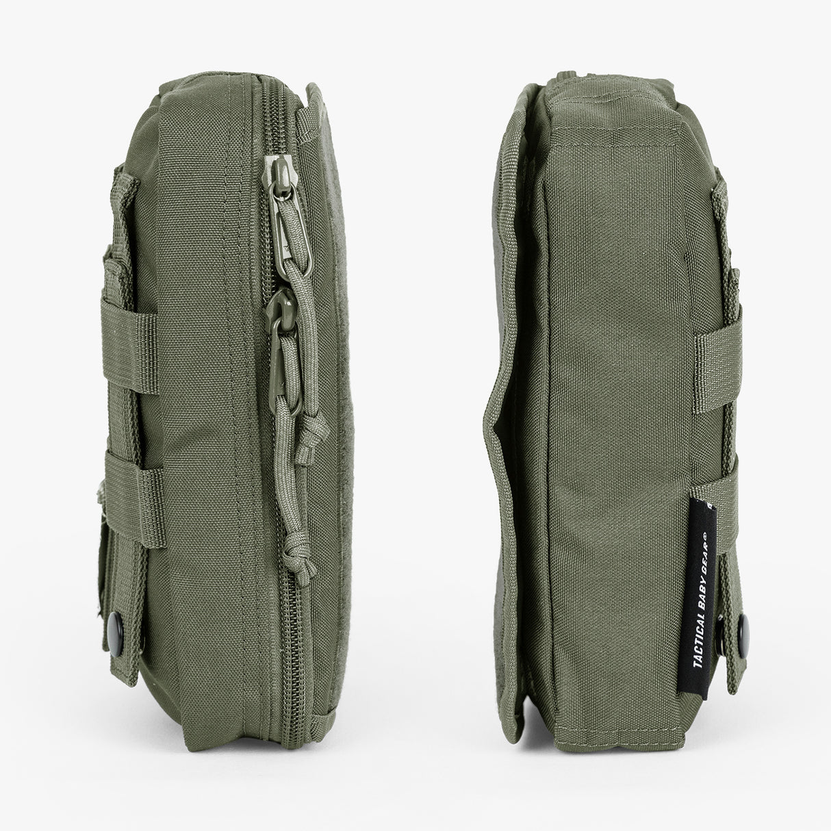 Rugged Tactical Wipe Pouch® in olive green, featuring durable zippers and side straps for secure attachment.