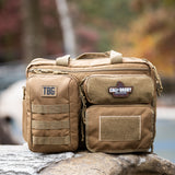 Rugged tactical diaper bag featuring the Call of Daddy Big Poops Patch, designed for modern parents on the go.