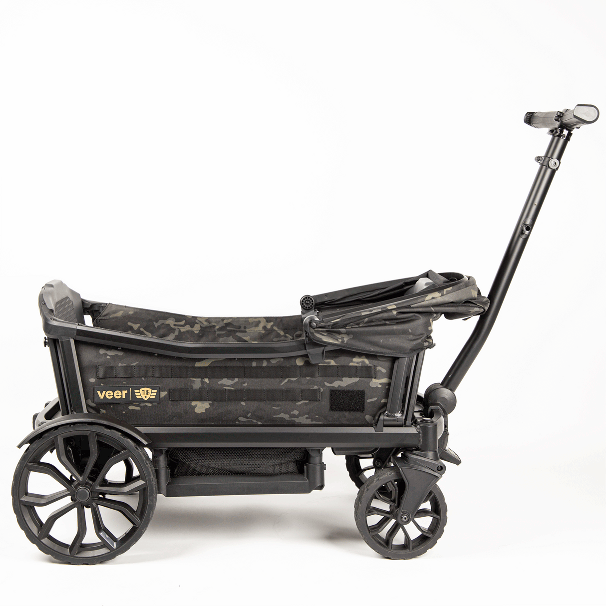 Rugged black and gray camouflage stroller with sturdy wheels, perfect for modern parents on outdoor adventures.