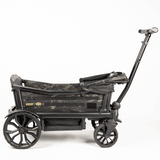 Rugged black and gray camouflage stroller with sturdy wheels, perfect for modern parents on outdoor adventures.