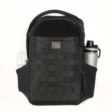 Compact black daypack with multiple pockets, designed for parents, featuring a water bottle holder and baby carrier attachment.