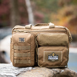 Rugged tactical diaper bag featuring a "Faith, Family, Freedom" patch, designed for modern parents.