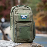 Rugged green backpack featuring a Gaming Buddy patch, designed for gamers and parents on the go.
