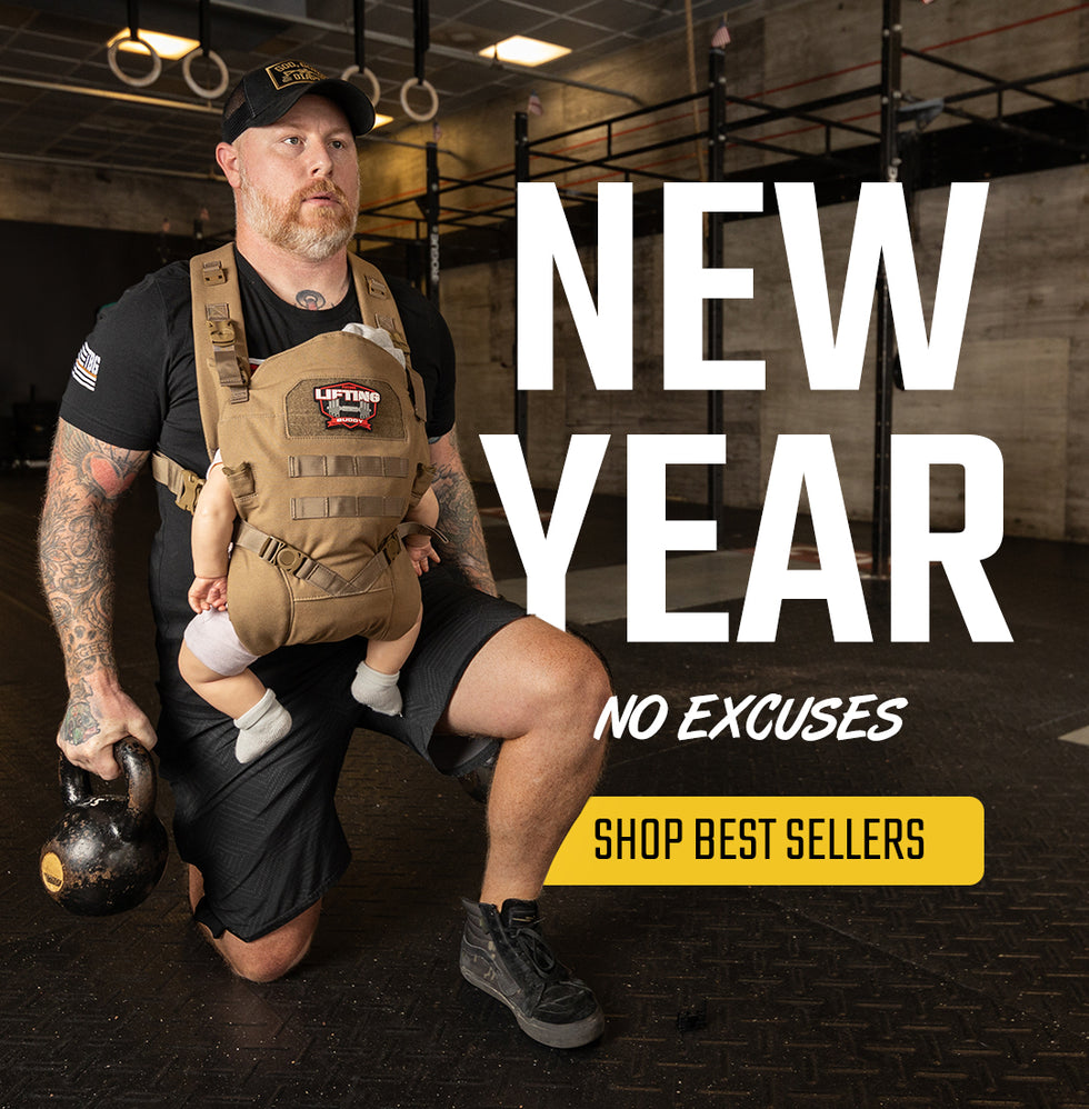 Man in gym kneeling with a kettlebell and a baby in a carrier, bold text reading “New Year No Excuses,” with a yellow button labeled “Shop Best Sellers.”