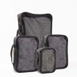 Tactical Packing Cubes Bundle featuring three durable, mesh-front storage bags in black for organized travel.