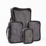 Tactical Packing Cubes Bundle featuring three durable, mesh-front storage bags in black for organized travel.