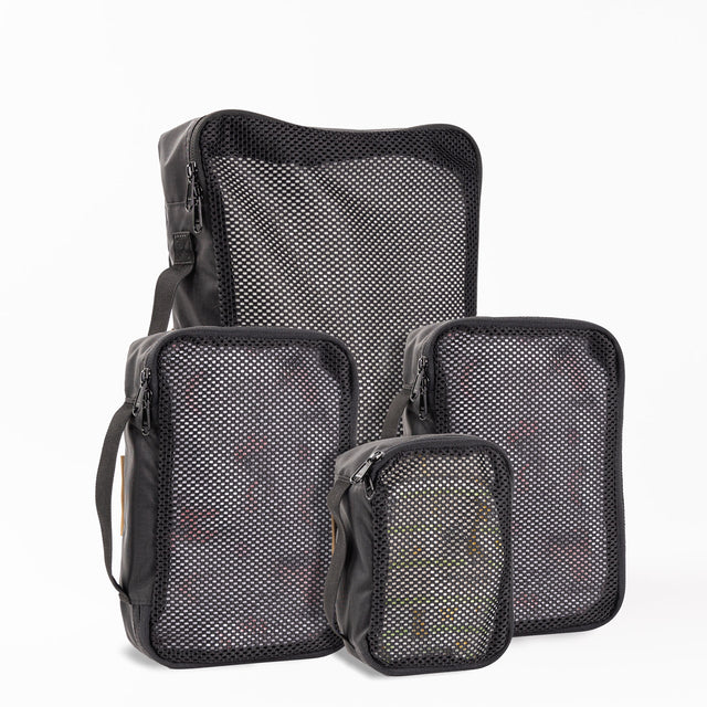 Tactical Packing Cubes Bundle featuring three durable, mesh-front storage bags in black for organized travel.