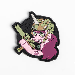 Embroidered patch featuring a whimsical unicorn in tactical gear with a rainbow and clouds, on a blue background.