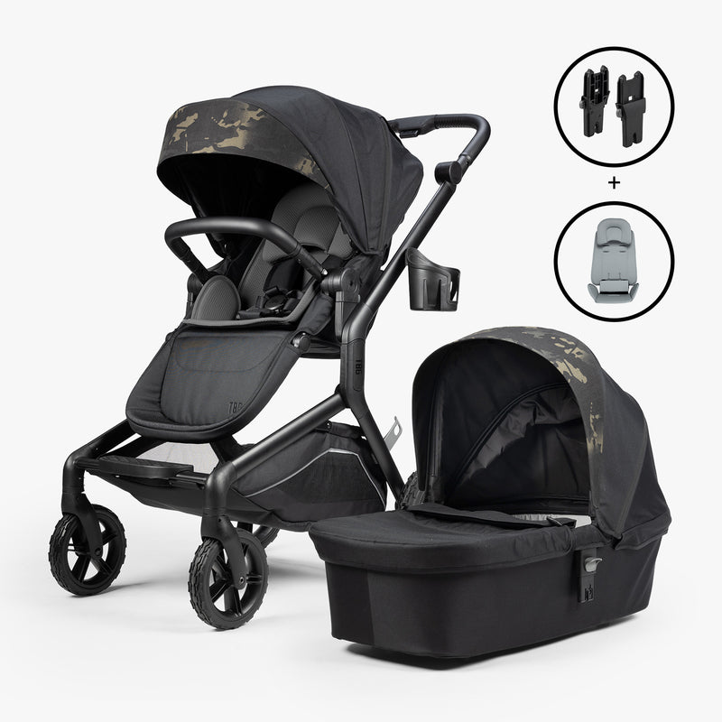 Sturdy black stroller with a camouflage-patterned canopy, included car seat adapters, and a spacious bassinet for modern, ...